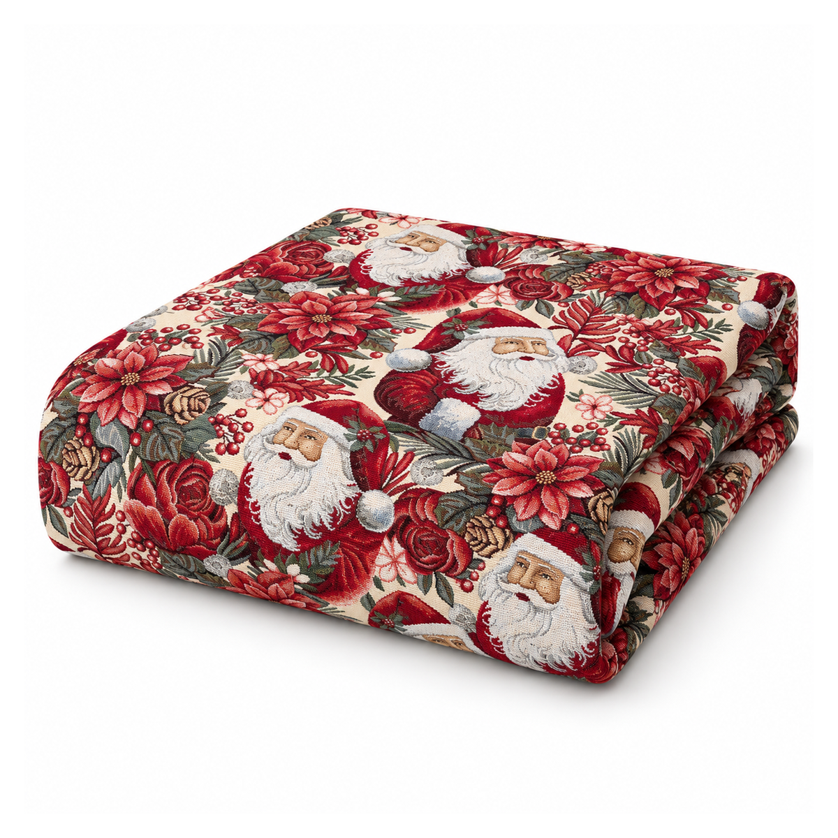 Tovaglia Natalizia Gobelin Babbo Natale con Stelle di Natale e Rose Rosse Tessuto Effetto Arazzo 4 6 12 18 e 24 Posti