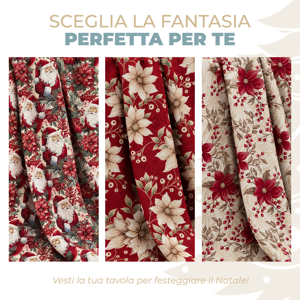Tovaglia Natalizia Gobelin Stelle di Natale con Bacche e Foglie Decorative Tessuto Effetto Arazzo Colori Panna e Rosso 4 6 12 18 e 24 Posti