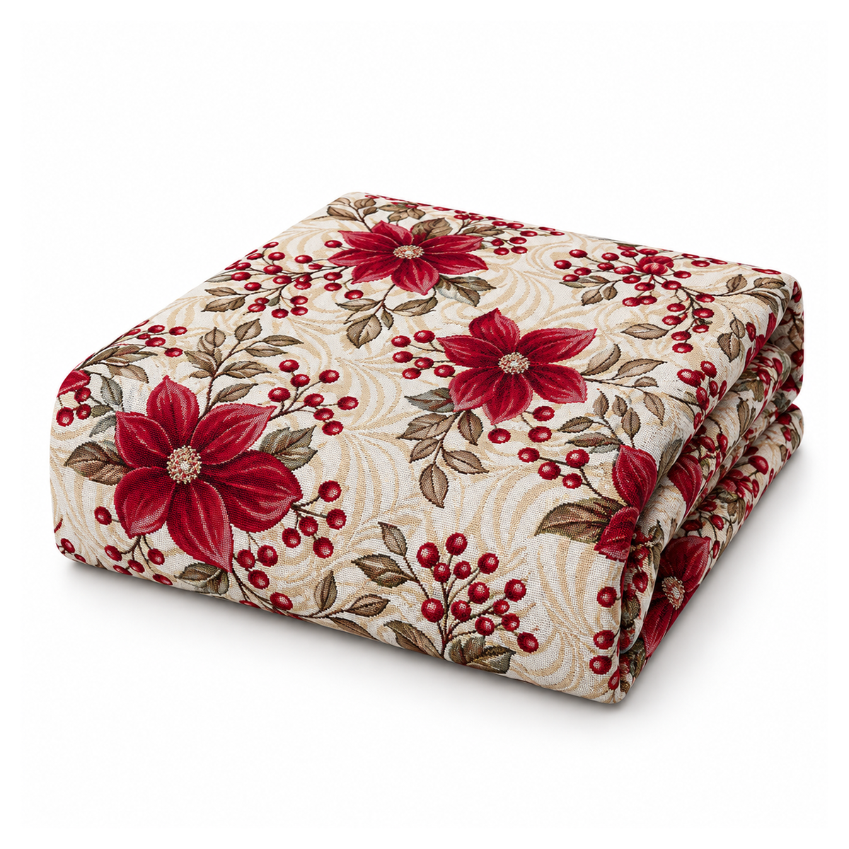 Tovaglia Natalizia Gobelin Stelle di Natale con Bacche e Foglie Decorative Tessuto Effetto Arazzo Colori Panna e Rosso 4 6 12 18 e 24 Posti