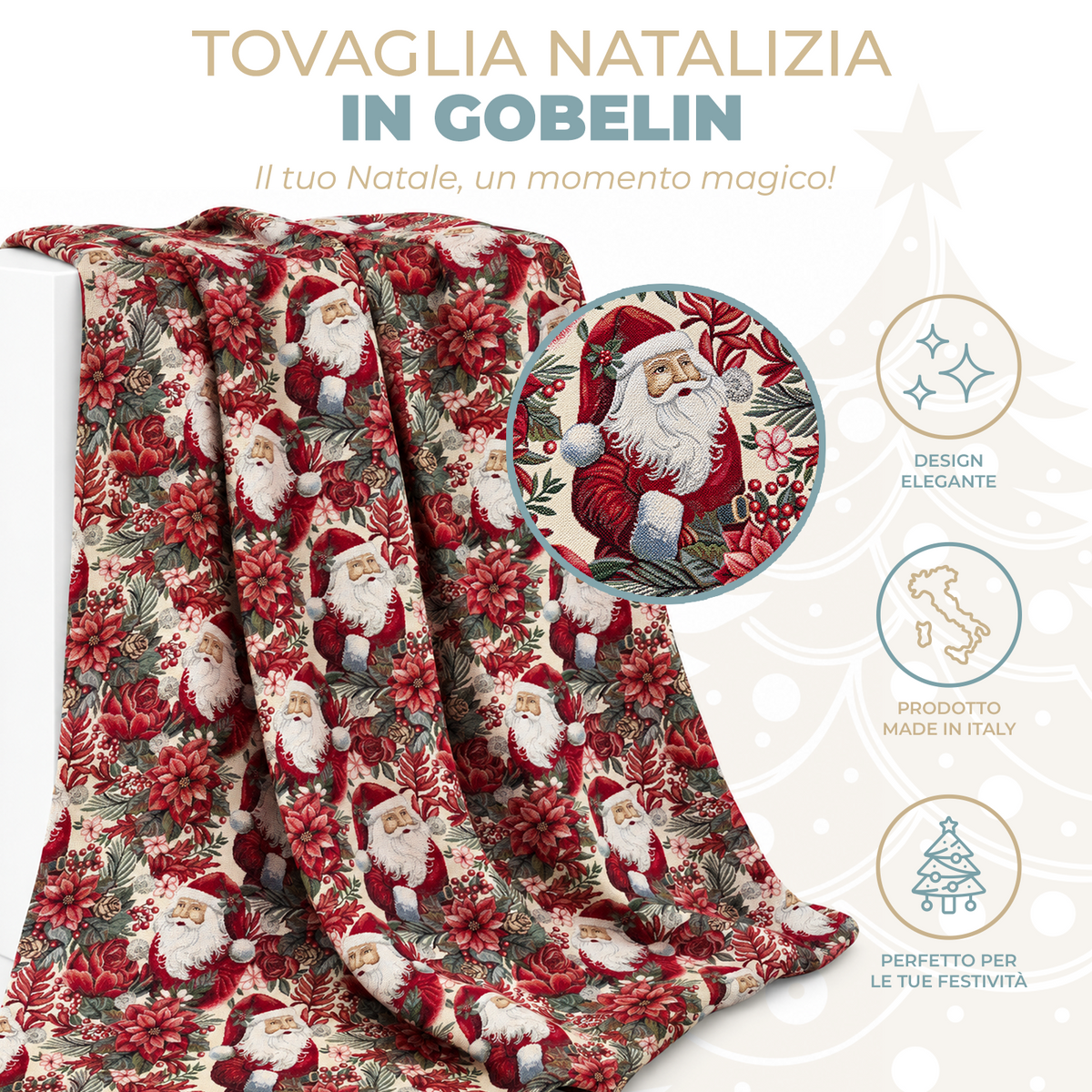 Tovaglia Natalizia Gobelin Babbo Natale con Stelle di Natale e Rose Rosse Tessuto Effetto Arazzo 4 6 12 18 e 24 Posti
