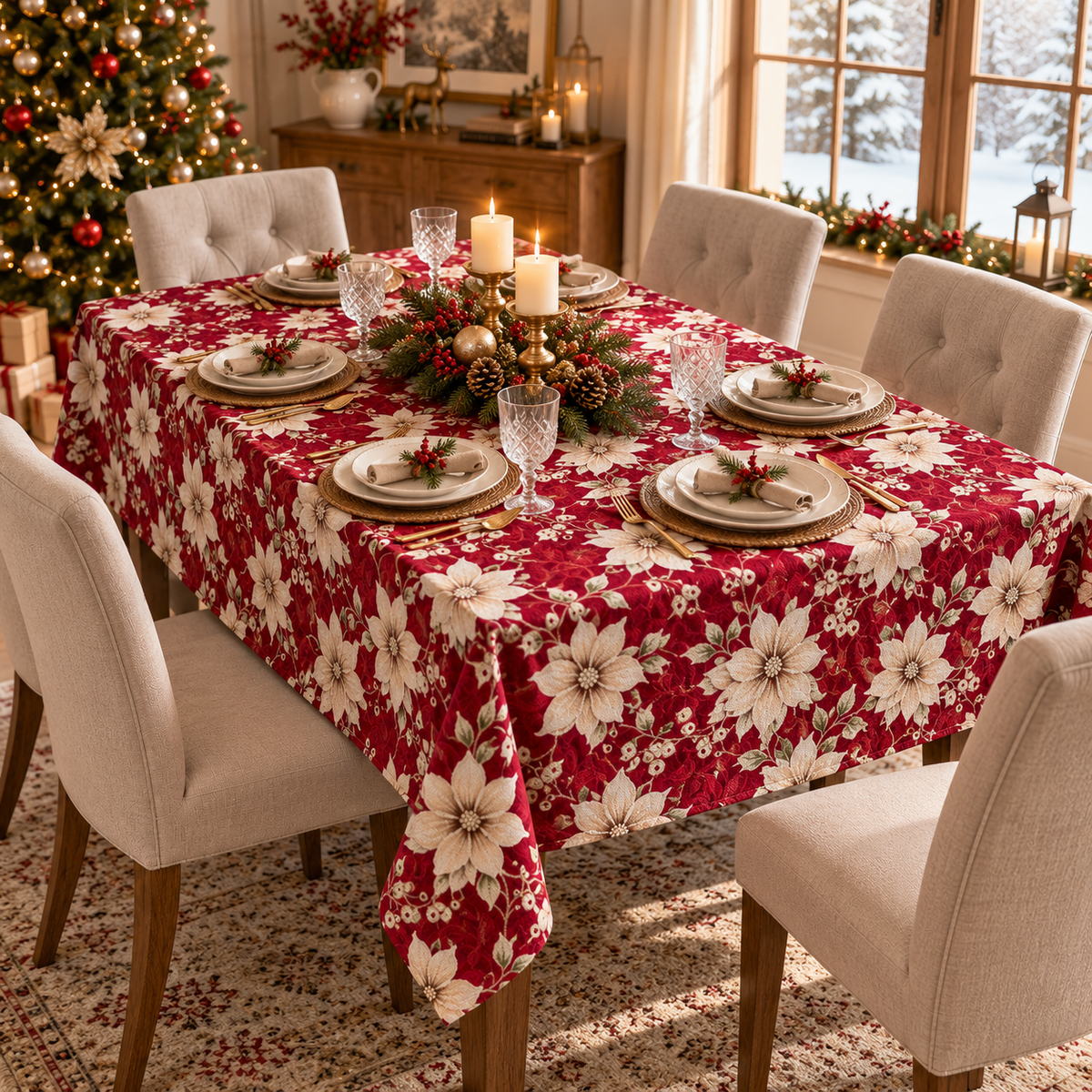 Tovaglia Natalizia Gobelin Stelle di Natale con Bacche e Foglie Decorative Tessuto Effetto Arazzo Colori Panna e Rosso 4 6 12 18 e 24 Posti