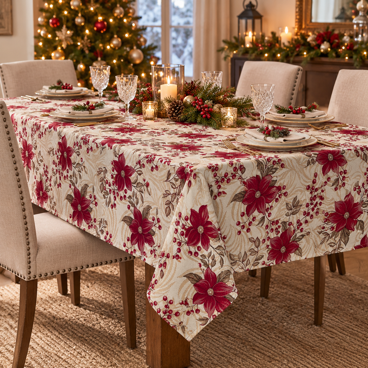 Tovaglia Natalizia Gobelin Stelle di Natale con Bacche e Foglie Decorative Tessuto Effetto Arazzo Colori Panna e Rosso 4 6 12 18 e 24 Posti