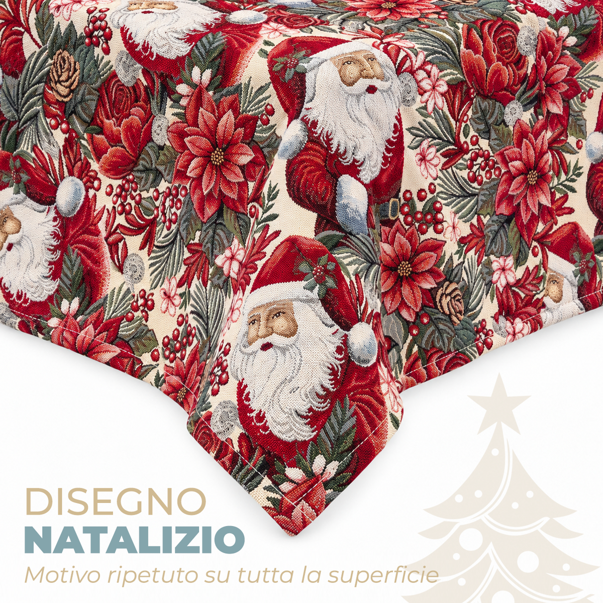 Tovaglia Natalizia Gobelin Babbo Natale con Stelle di Natale e Rose Rosse Tessuto Effetto Arazzo 4 6 12 18 e 24 Posti