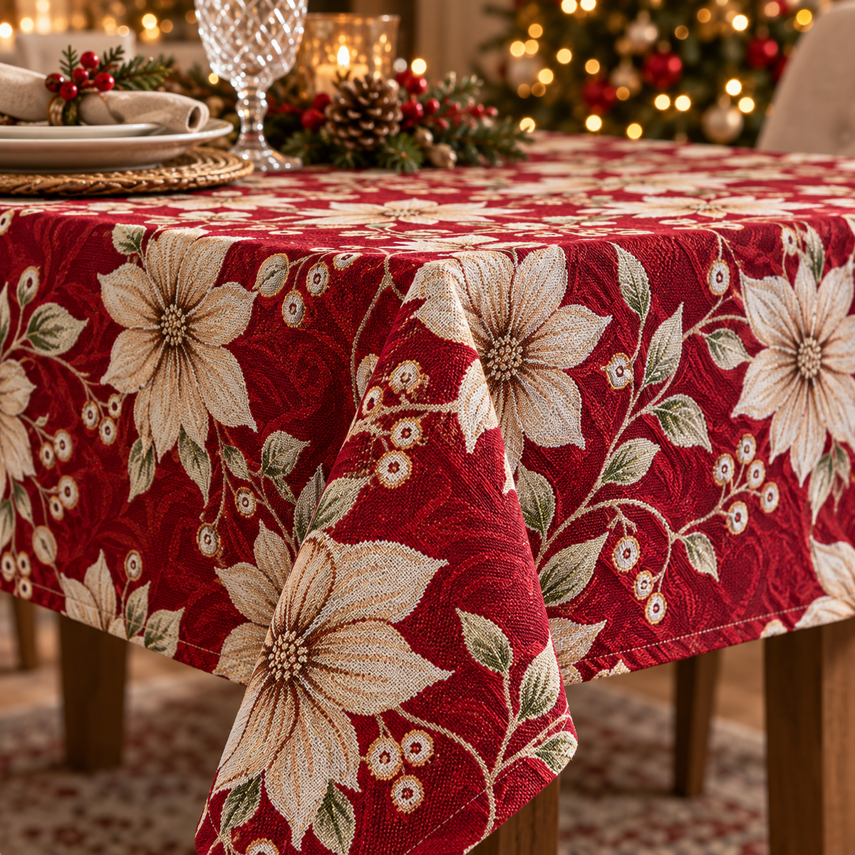 Tovaglia Natalizia Gobelin Stelle di Natale con Bacche e Foglie Decorative Tessuto Effetto Arazzo Colori Panna e Rosso 4 6 12 18 e 24 Posti