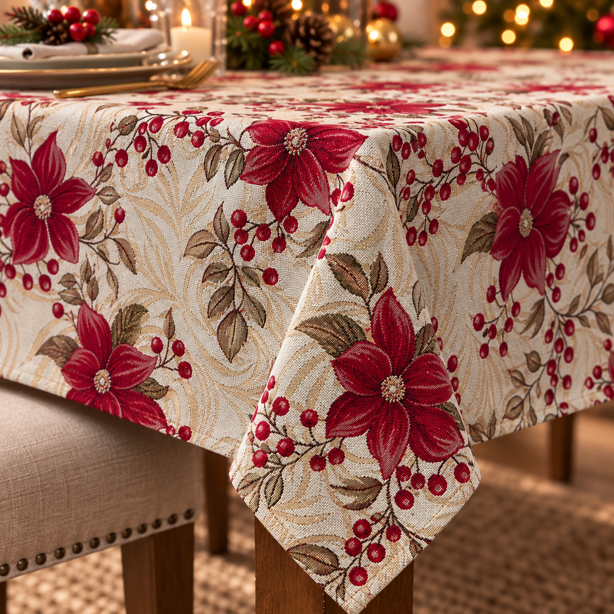Tovaglia Natalizia Gobelin Stelle di Natale con Bacche e Foglie Decorative Tessuto Effetto Arazzo Colori Panna e Rosso 4 6 12 18 e 24 Posti