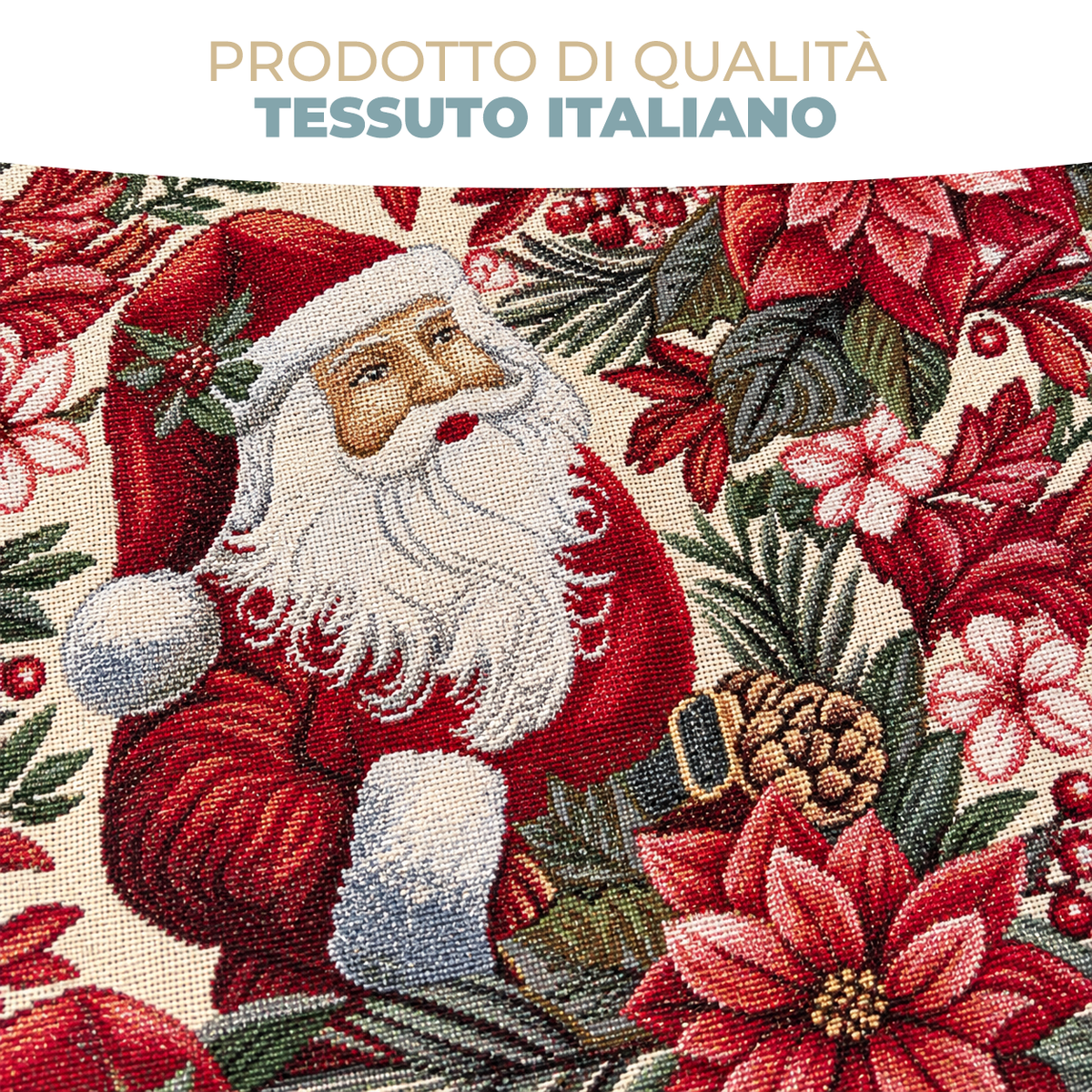 Tovaglia Natalizia Gobelin Babbo Natale con Stelle di Natale e Rose Rosse Tessuto Effetto Arazzo 4 6 12 18 e 24 Posti