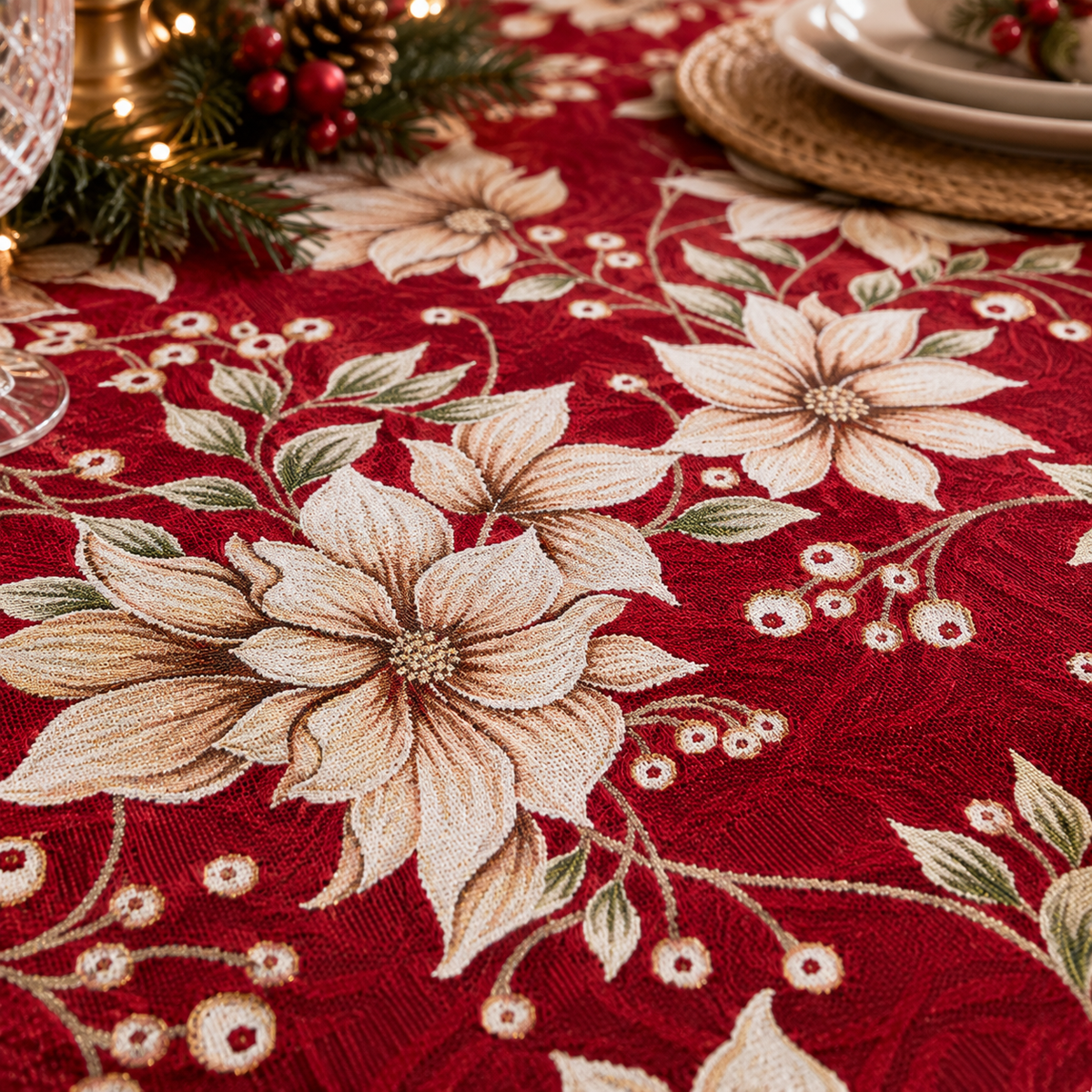 Tovaglia Natalizia Gobelin Stelle di Natale con Bacche e Foglie Decorative Tessuto Effetto Arazzo Colori Panna e Rosso 4 6 12 18 e 24 Posti