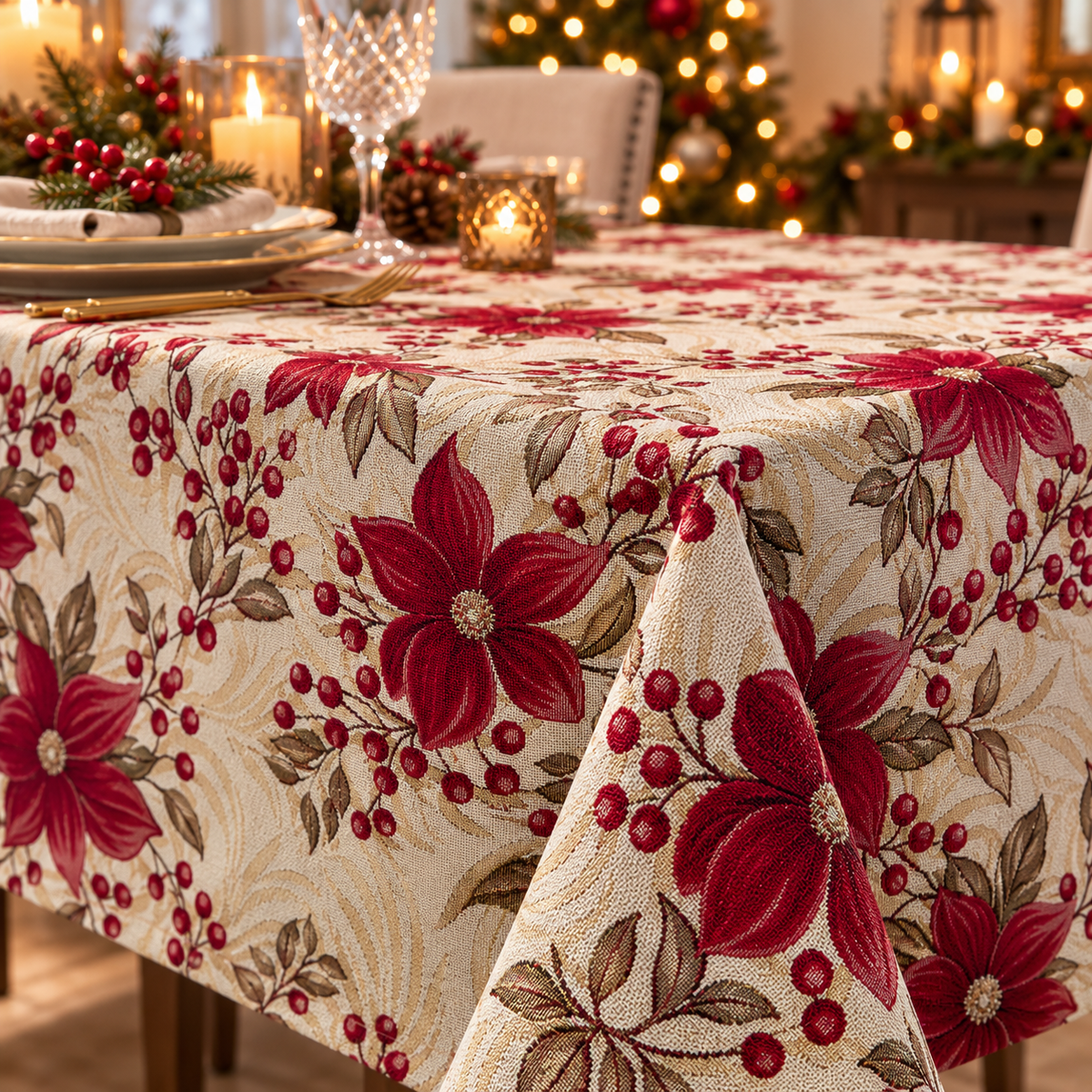 Tovaglia Natalizia Gobelin Stelle di Natale con Bacche e Foglie Decorative Tessuto Effetto Arazzo Colori Panna e Rosso 4 6 12 18 e 24 Posti