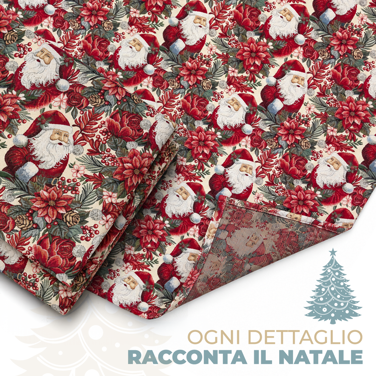 Tovaglia Natalizia Gobelin Babbo Natale con Stelle di Natale e Rose Rosse Tessuto Effetto Arazzo 4 6 12 18 e 24 Posti