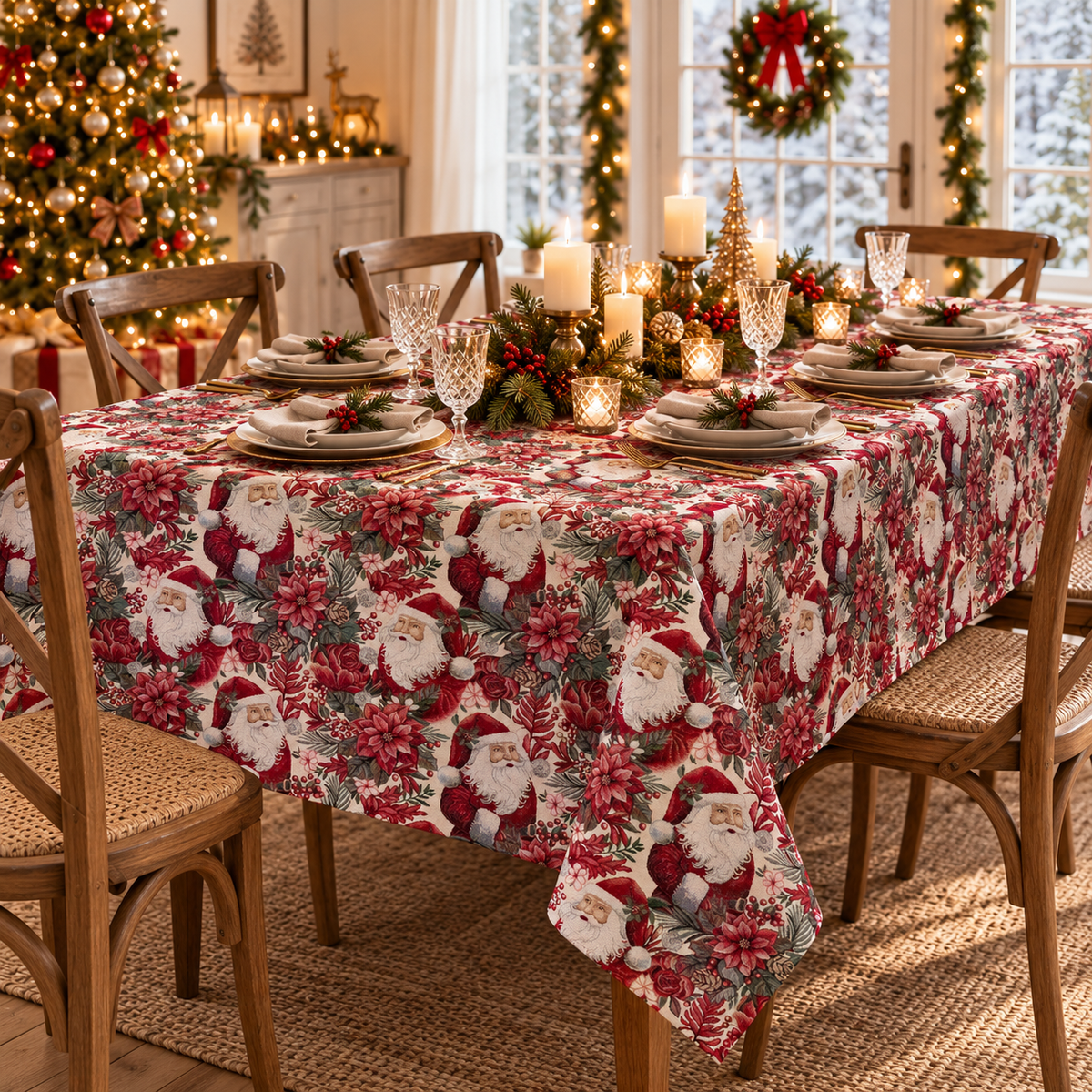 Tovaglia Natalizia Gobelin Babbo Natale con Stelle di Natale e Rose Rosse Tessuto Effetto Arazzo 4 6 12 18 e 24 Posti