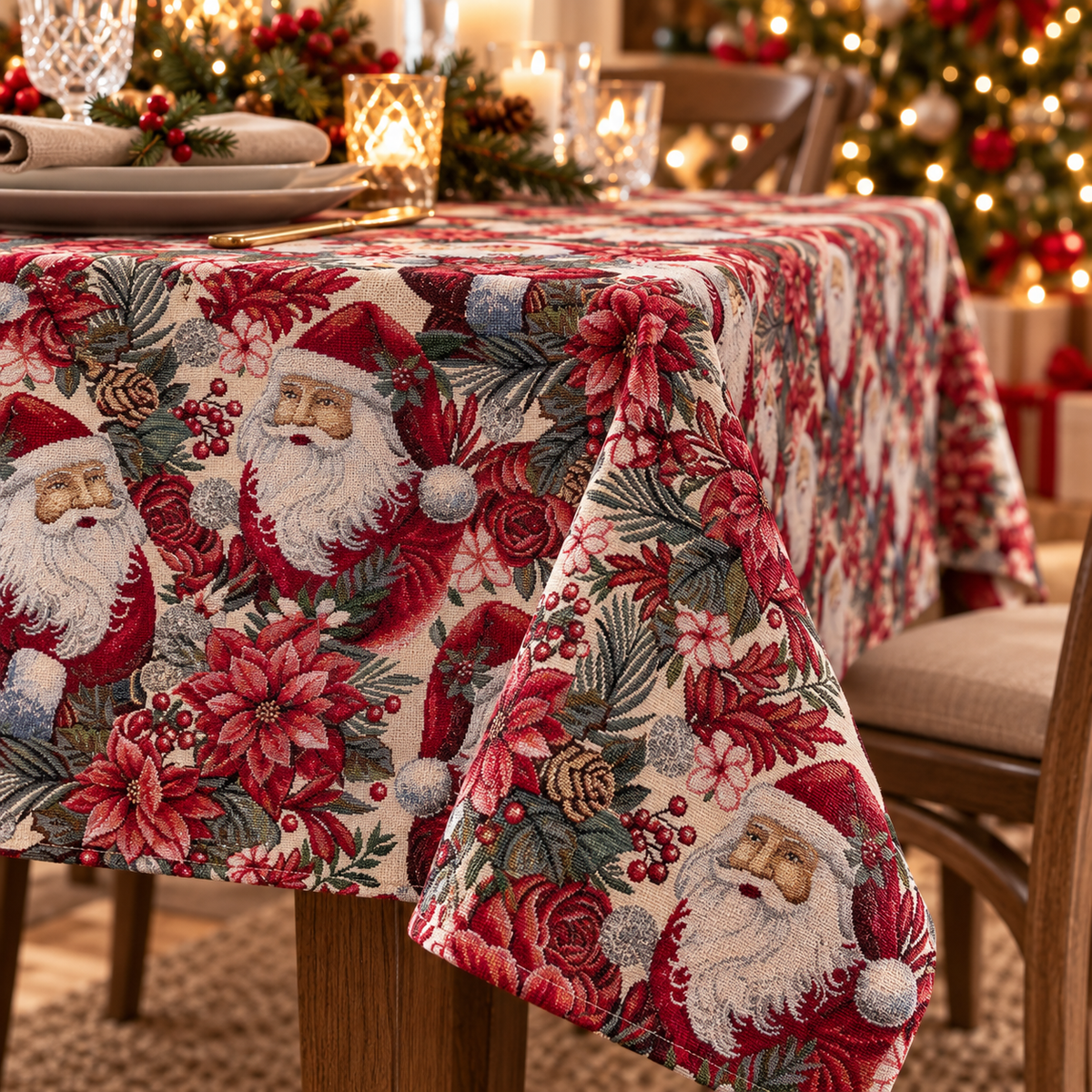 Tovaglia Natalizia Gobelin Babbo Natale con Stelle di Natale e Rose Rosse Tessuto Effetto Arazzo 4 6 12 18 e 24 Posti