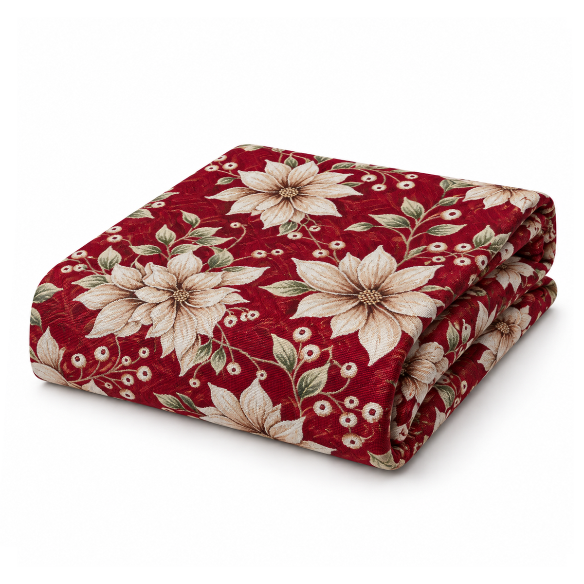 Tovaglia Natalizia Gobelin Stelle di Natale con Bacche e Foglie Decorative Tessuto Effetto Arazzo Colori Panna e Rosso 4 6 12 18 e 24 Posti