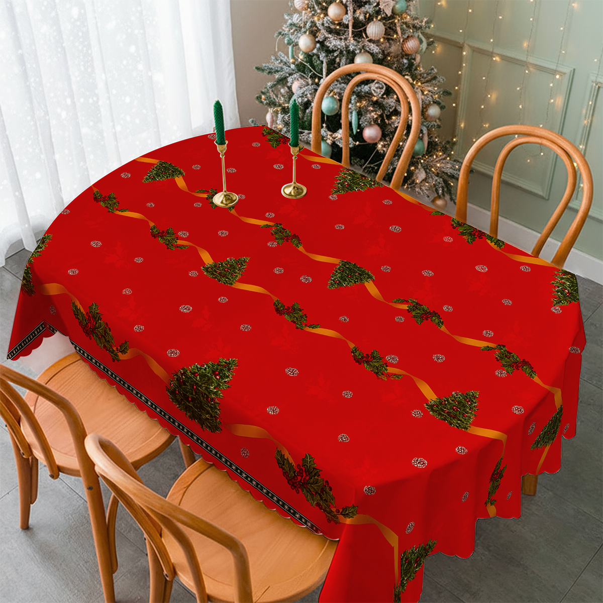 Tovaglia Cerata Natalizia Albero in PVC 12 Posti 140x240 cm Copritavola Rettangolare Idrorepellente Antimacchia e Antiscivolo Decorazione Tavola Natalizia Elegante e Resistente