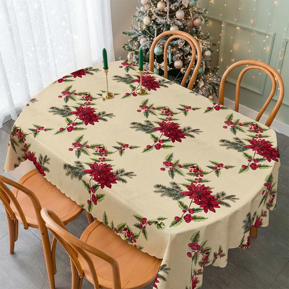 Tovaglia Cerata Natalizia Agrifoglio in PVC 12 Posti 140x240 cm Copritavola Rettangolare Idrorepellente Antimacchia e Antiscivolo Decorazione Tavola Natalizia Elegante e Resistente