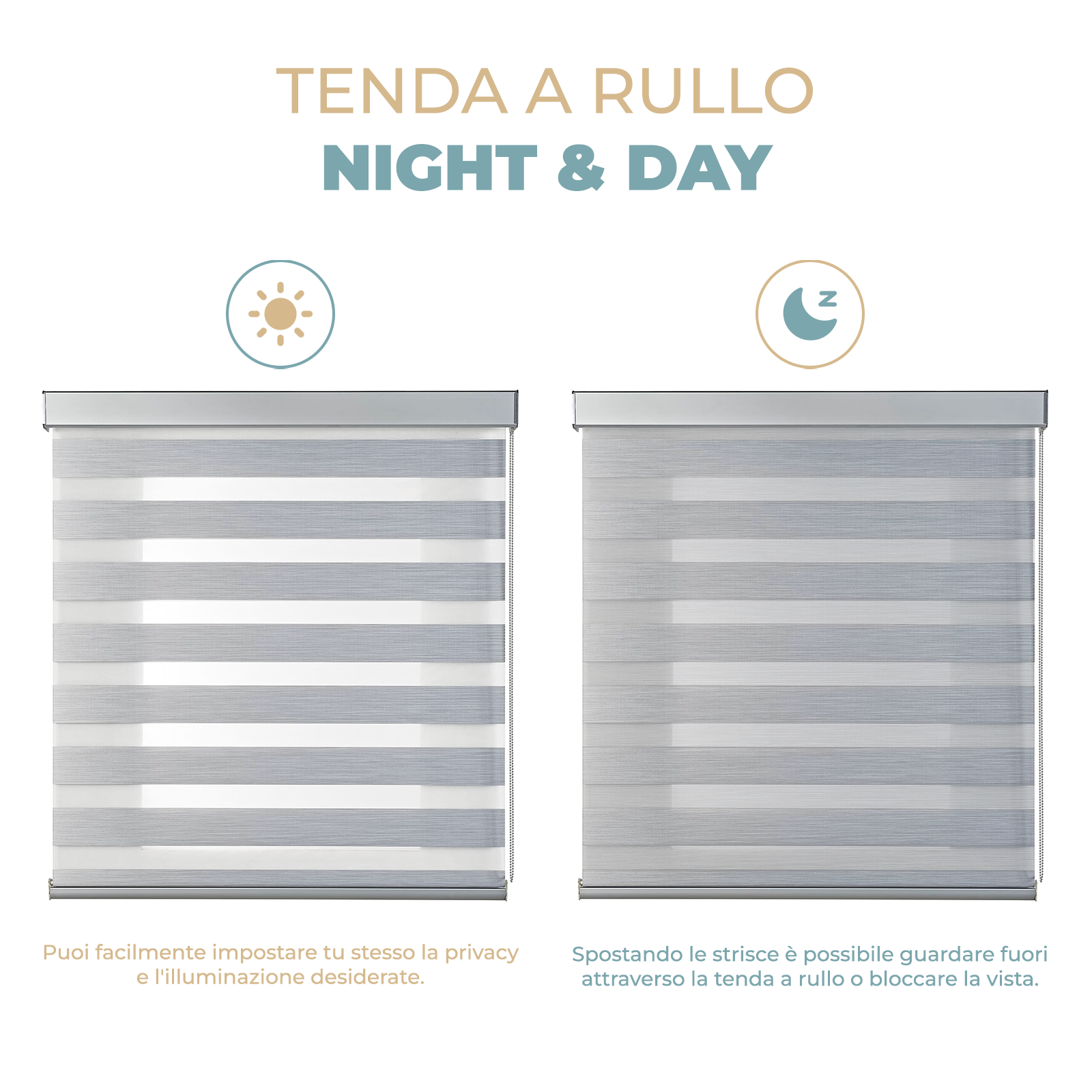 Tenda a Rullo Giorno e Notte con Cassonetto per Interni Struttura in Alluminio Doppio Strato Catenella Laterale Luminosità Regolabile Acciaio