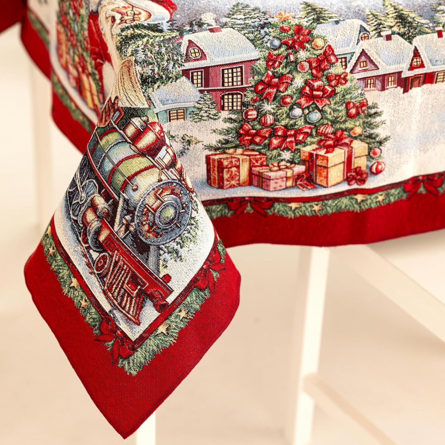 Tovaglia Natalizia Gobelin 12 Posti Babbo Natale 140x240 cm Rettangolare Jacquard Made in Italy Decorazione Tavola Festiva