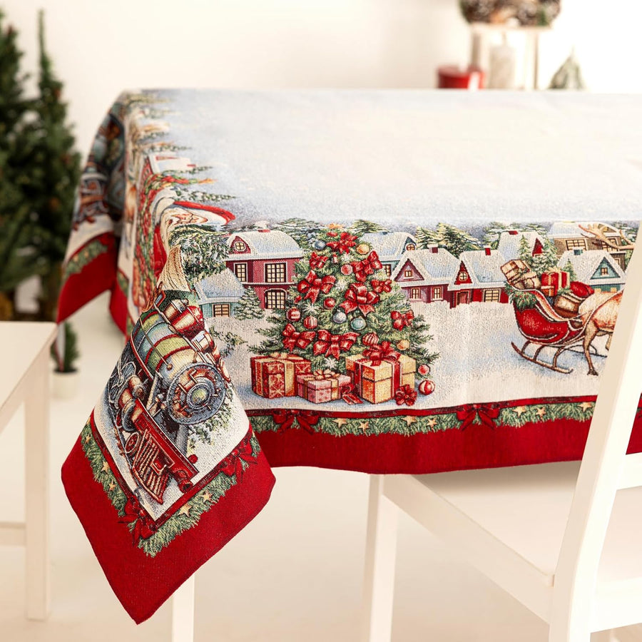 Tovaglia Natalizia Gobelin 12 Posti Babbo Natale 140x240 cm Rettangolare Jacquard Made in Italy Decorazione Tavola Festiva