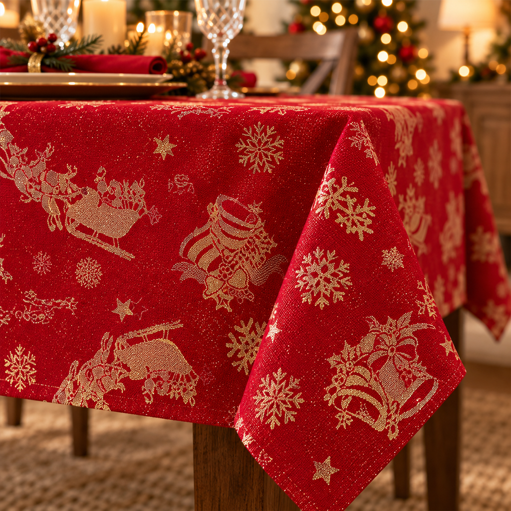 Tovaglia di Natale in Raso Rosso e Panna 140x240 cm 12 Posti Decoro Invernale con Babbo Natale e Renne