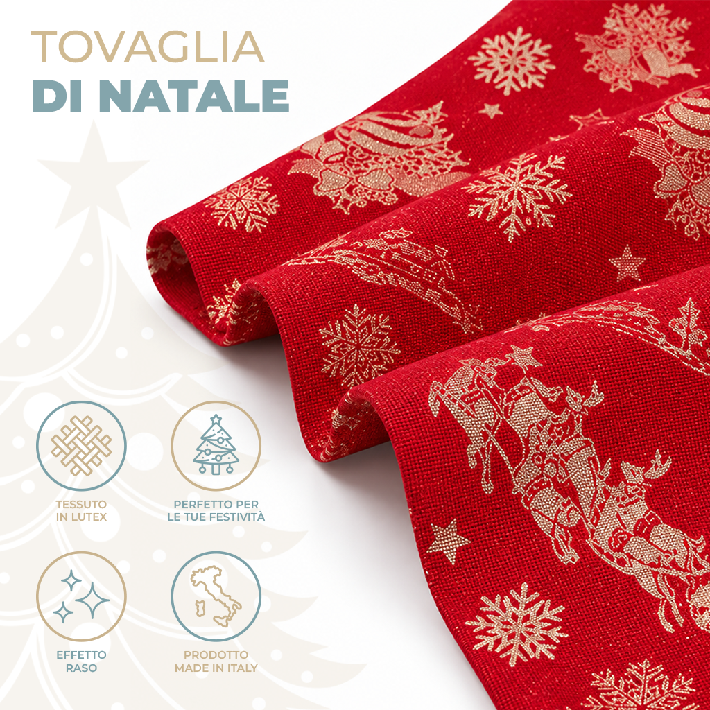 Tovaglia di Natale in Raso Rosso e Panna 140x240 cm 12 Posti Decoro Invernale con Babbo Natale e Renne