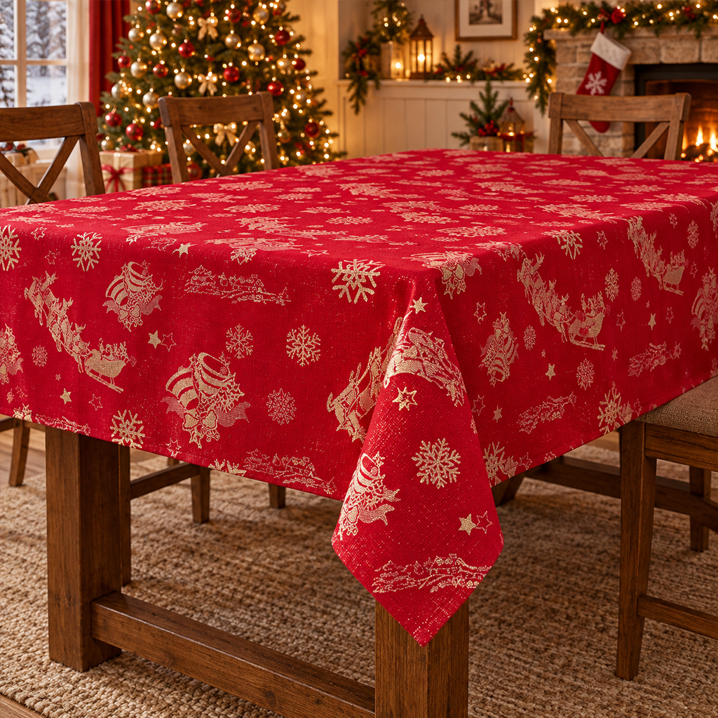 Tovaglia di Natale in Raso Rosso e Panna 140x240 cm 12 Posti Decoro Invernale con Babbo Natale e Renne