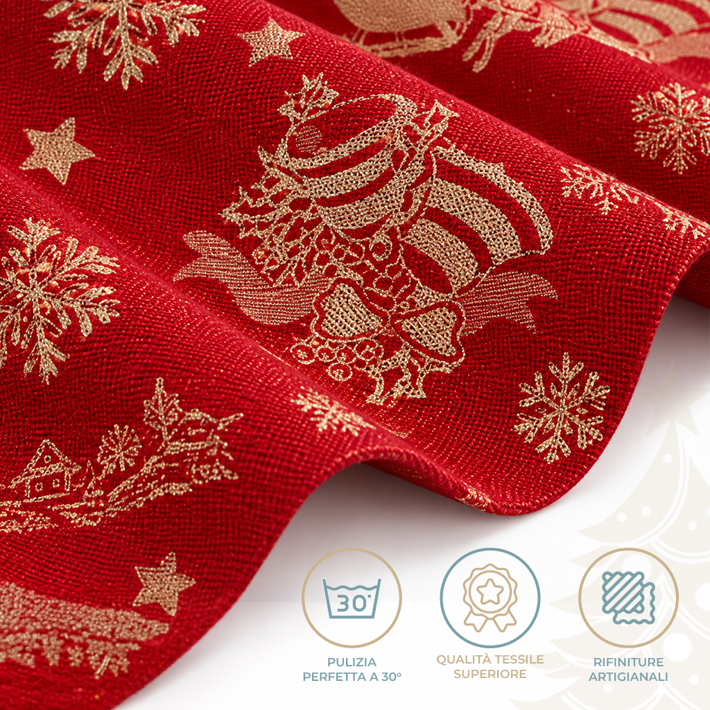 Tovaglia di Natale in Raso Rosso e Panna 140x240 cm 12 Posti Decoro Invernale con Babbo Natale e Renne