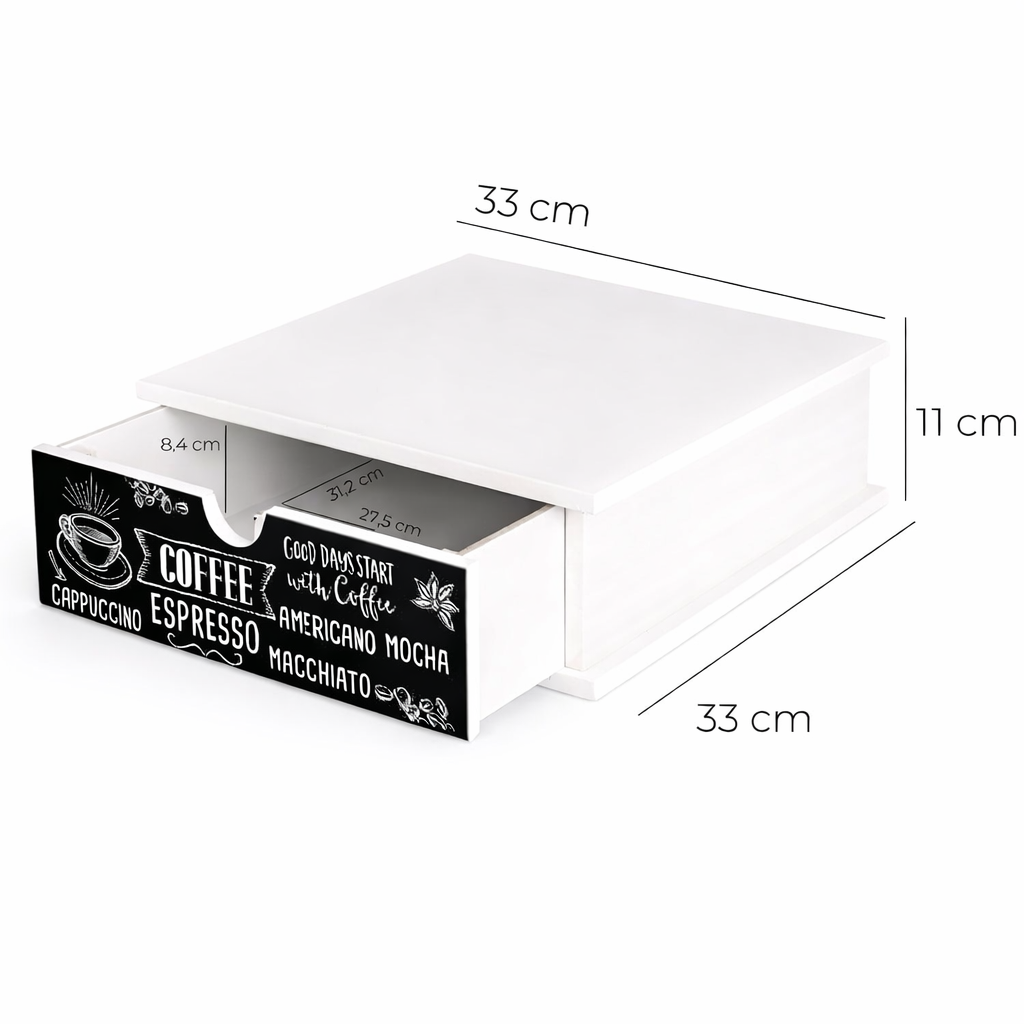 Porta Cialde e Capsule Caffè 33x33 cm in Legno con Cassetto Organizer – Piano Antimacchia e Decorazione Coffee Artigianale – Perfetto per Cucina, Casa e Ufficio