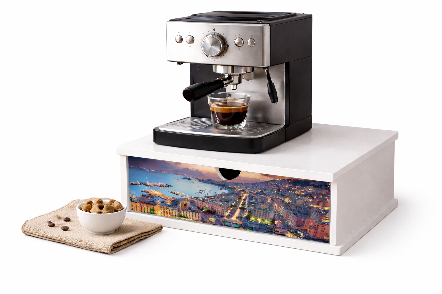 Porta Cialde e Capsule Caffè con Cassetto Organizer 33x33 cm in Legno  White Napoli Golfo di Sera  Contenitore per Cucina, Casa e Ufficio