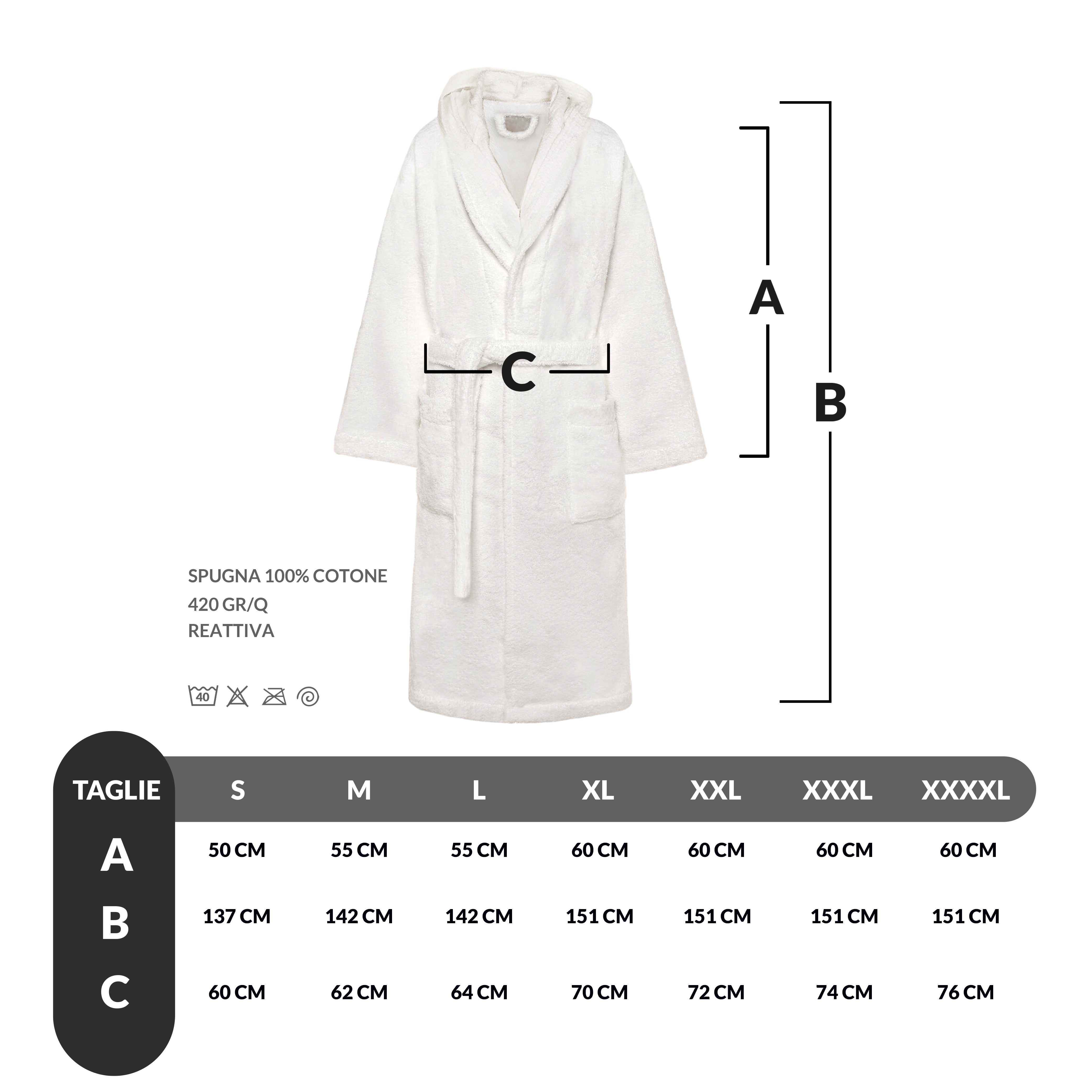 Accappatoio in Spugna di Cotone 420 g/m² con Cappuccio Uomo/Donna No Stiro Taglie S–XXL Vari colori