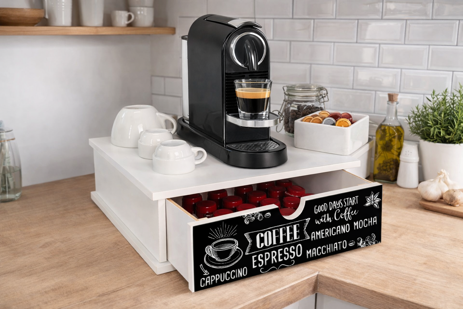 Porta Cialde e Capsule Caffè 33x33 cm in Legno con Cassetto Organizer – Piano Antimacchia e Decorazione Coffee Artigianale – Perfetto per Cucina, Casa e Ufficio