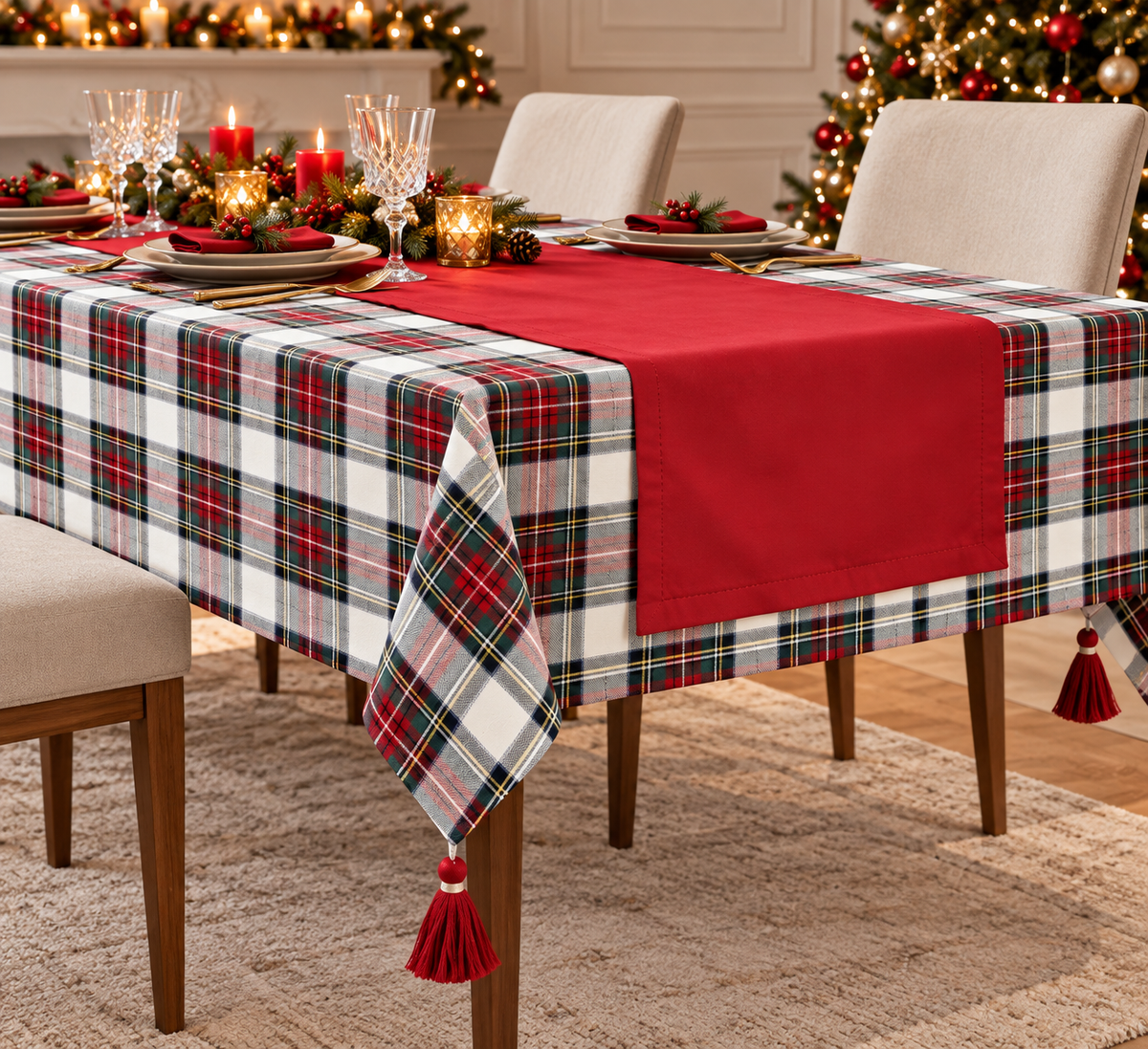 Tovaglia Natalizia 6 Posti 140x180 cm + Runner 40x90 cm  100% Cotone Bordo a Quadri con Filo Lurex Oro  Panna o Rosso