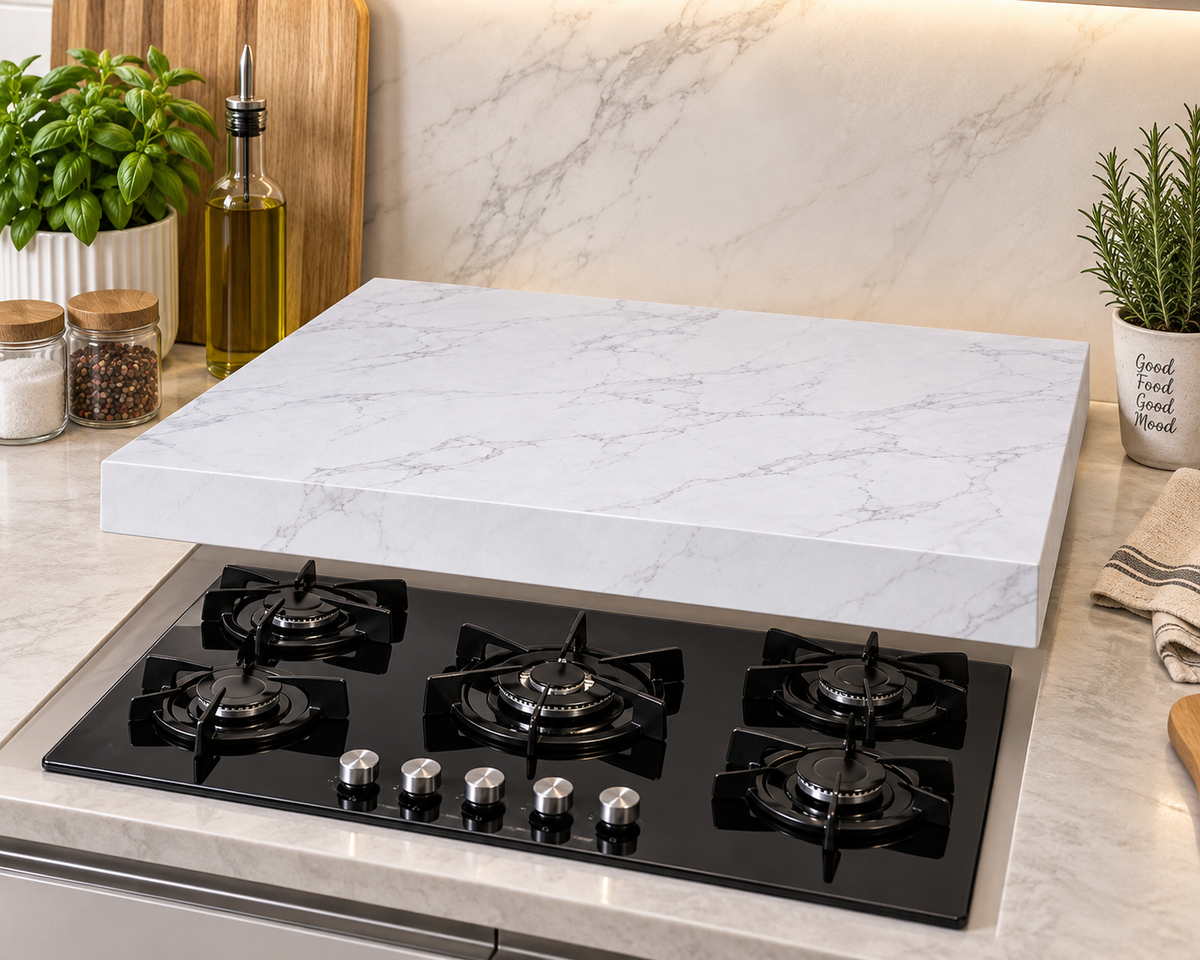 Coprifornello in Legno 90x54x7,5 cm Effetto Marmo – Copripiano Cottura Ultraresistente Impermeabile Antigraffio Piano d’Appoggio Cucina Oro o Silver
