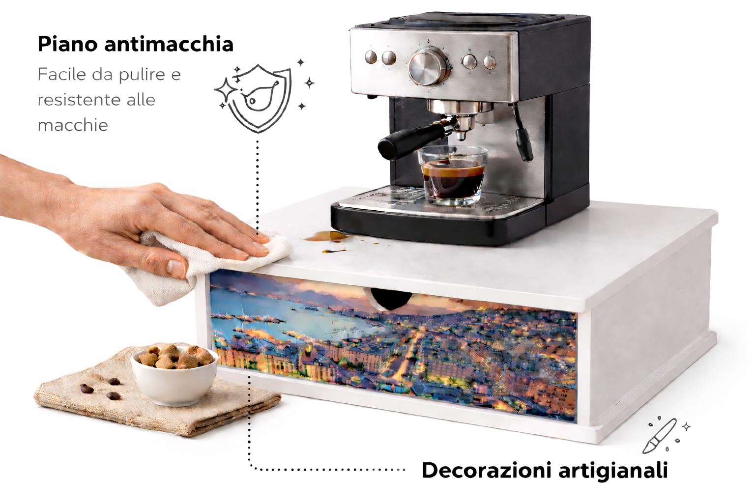 Porta Cialde e Capsule Caffè con Cassetto Organizer 33x33 cm in Legno  White Napoli Golfo di Sera  Contenitore per Cucina, Casa e Ufficio