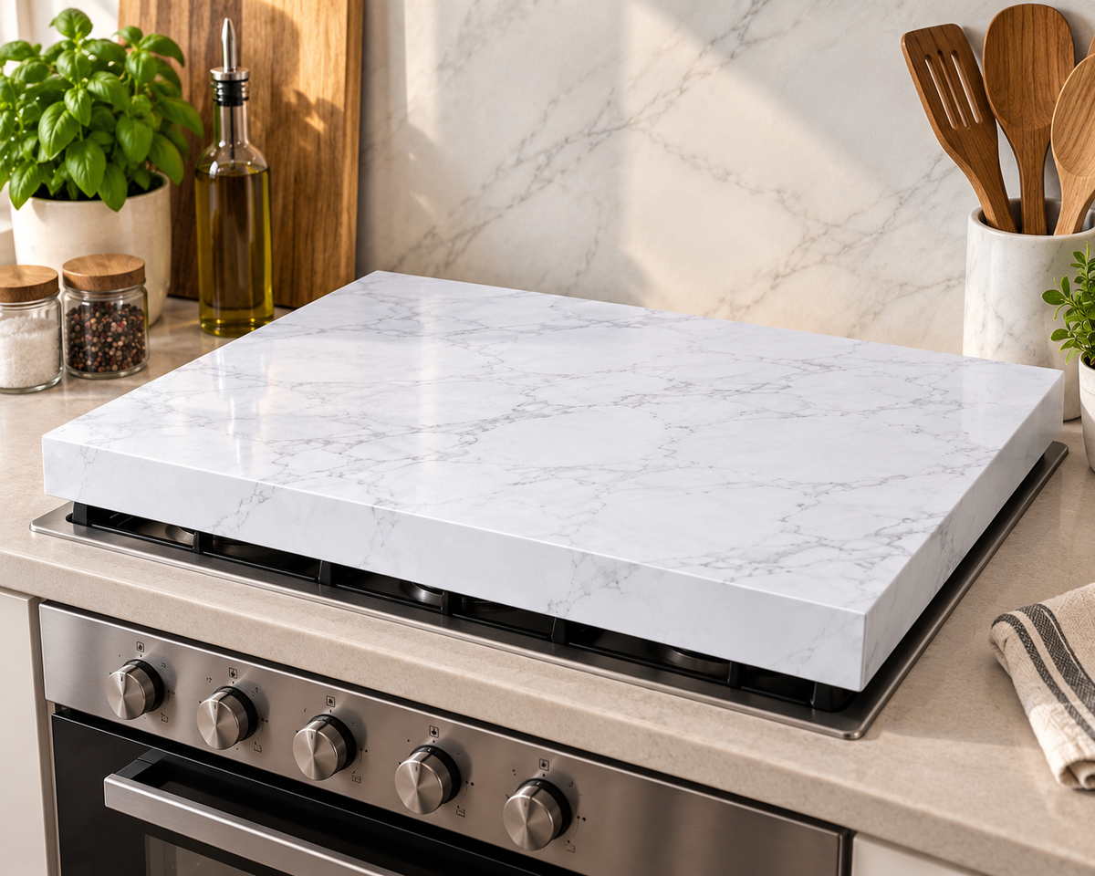 Coprifornello in Legno 90x54x7,5 cm Effetto Marmo – Copripiano Cottura Ultraresistente Impermeabile Antigraffio Piano d’Appoggio Cucina Oro o Silver