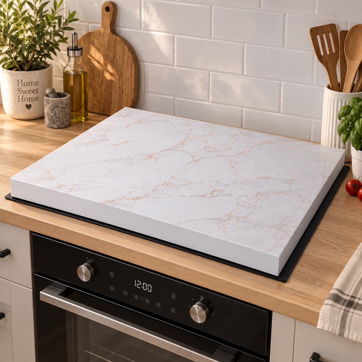 Coprifornello in Legno 90x54x7,5 cm Effetto Marmo – Copripiano Cottura Ultraresistente Impermeabile Antigraffio Piano d’Appoggio Cucina Oro o Silver