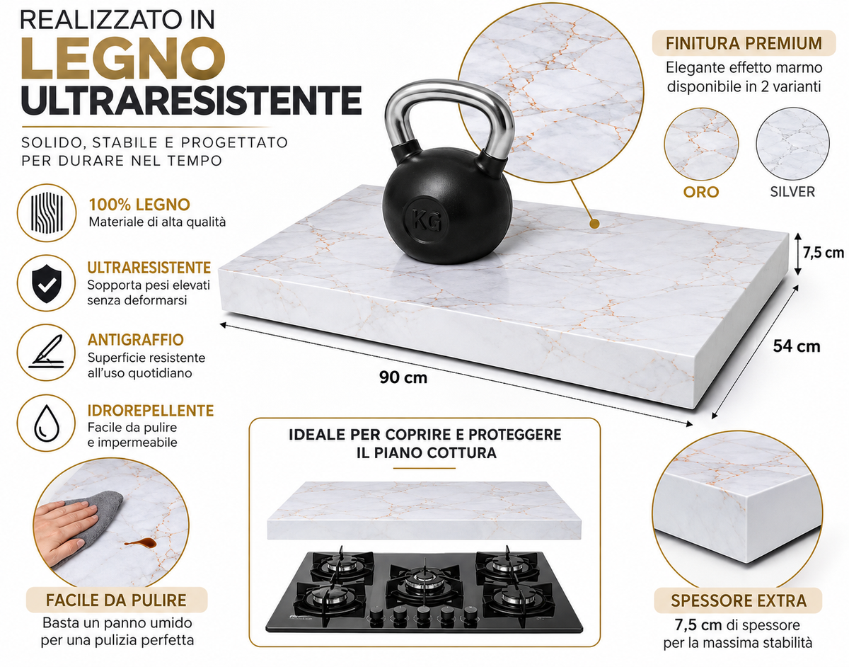 Coprifornello in Legno 90x54x7,5 cm Effetto Marmo – Copripiano Cottura Ultraresistente Impermeabile Antigraffio Piano d’Appoggio Cucina Oro o Silver