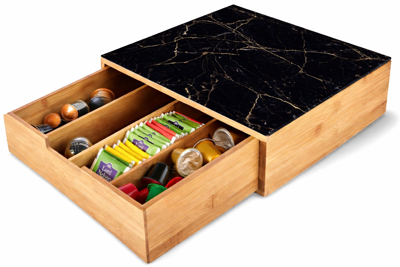 Porta Capsule e Cialde in Bamboo con Cassetto – Organizer Caffè Moderno con Piano in Vetro Temperato Marmorizzato (Bianco/Nero) 30×30×10 cm