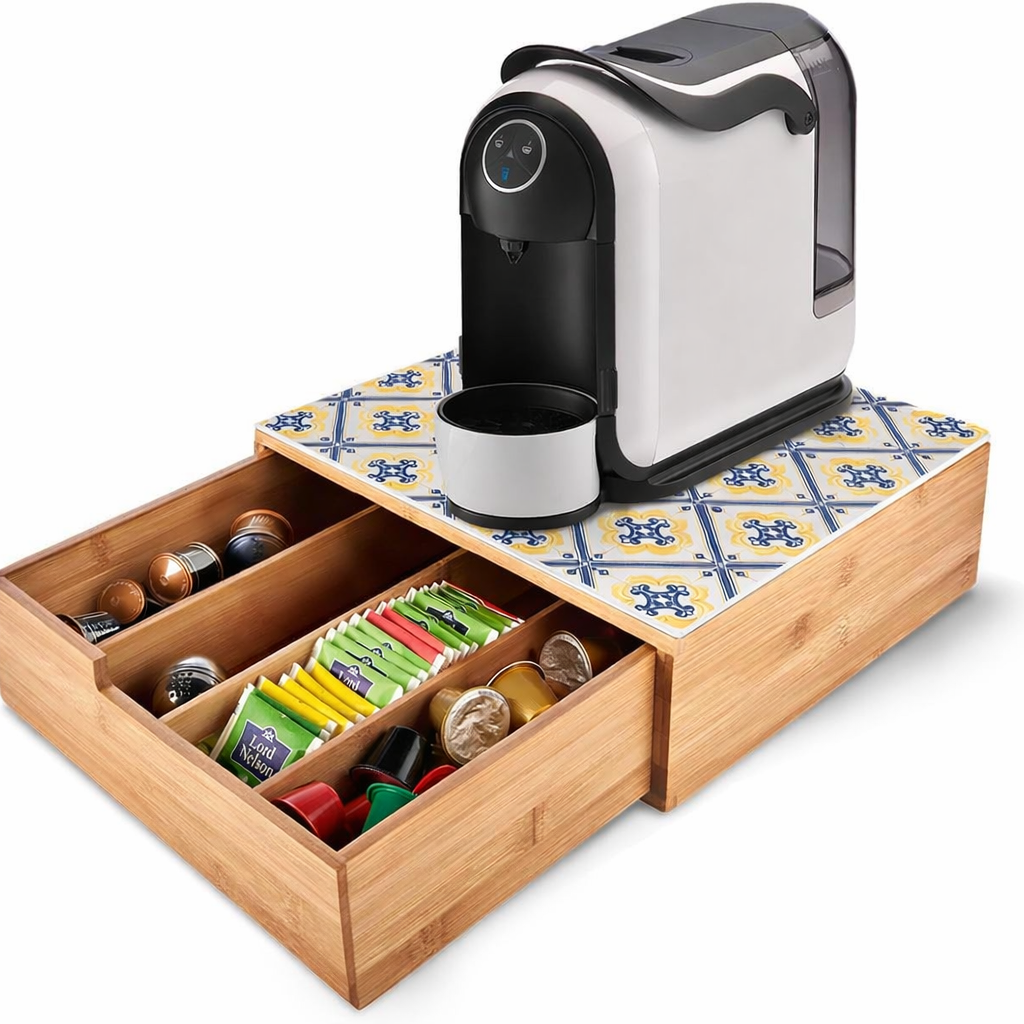 Porta Capsule e Cialde in Bamboo con Cassetto – Organizer Caffè Moderno con Piano in Vetro Temperato Design Maiolica Sorrento 30×30×10 cm