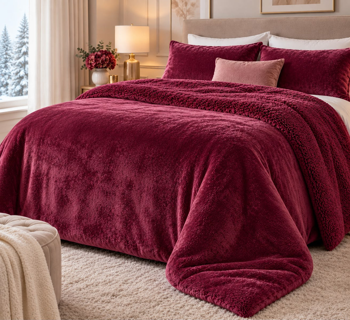 Coperta Matrimoniale Alaska in Ecopelliccia Coral e Sherpa 250x260 cm Plaid Invernale Doppio Strato 460 gr/m² Extra Morbida Calda e Soffice 5/5 Punti Calore