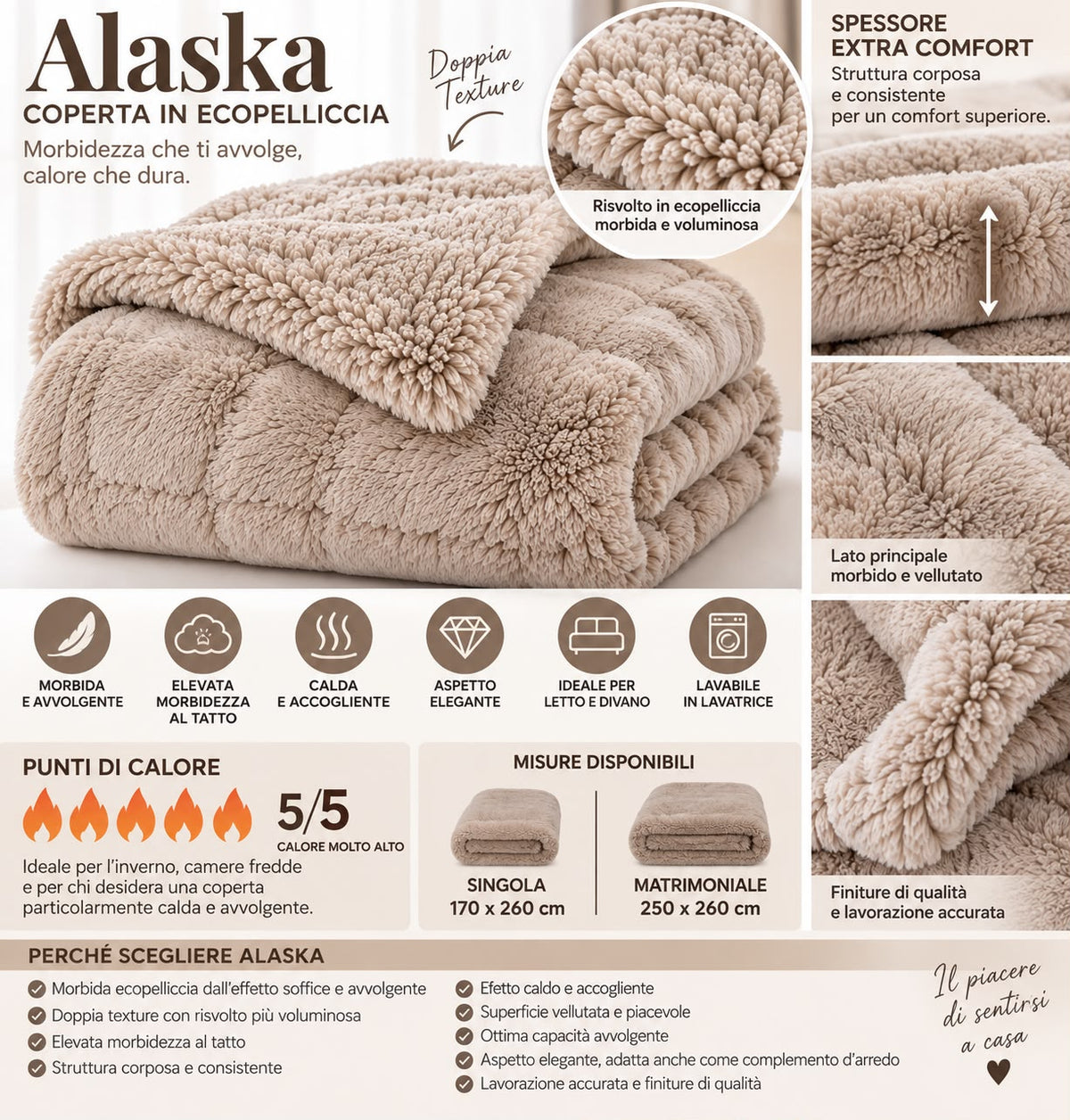 Coperta Matrimoniale Alaska in Ecopelliccia Coral e Sherpa 250x260 cm Plaid Invernale Doppio Strato 460 gr/m² Extra Morbida Calda e Soffice 5/5 Punti Calore