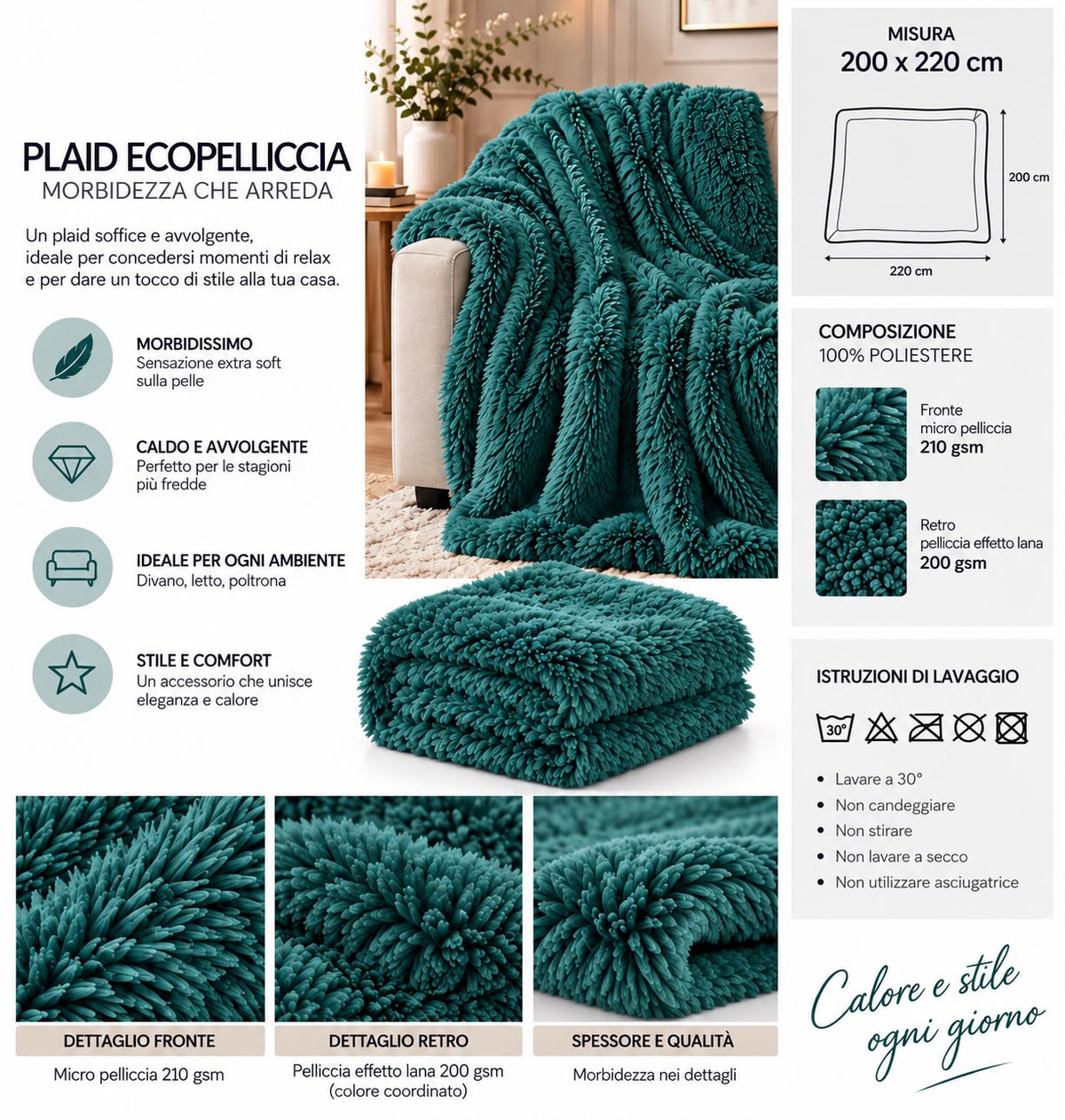 Plaid in Ecopelliccia Siberia 200x220 cm Coperta Matrimoniale Double Face Extra Morbida 410 g/m² Micro Pelliccia e Retro Effetto Lana Vari colori