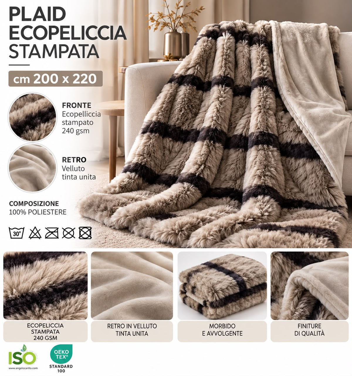 Plaid Coperta Matrimoniale in Ecopelliccia 200x220 cm Retro in Velluto Tinta Unita
