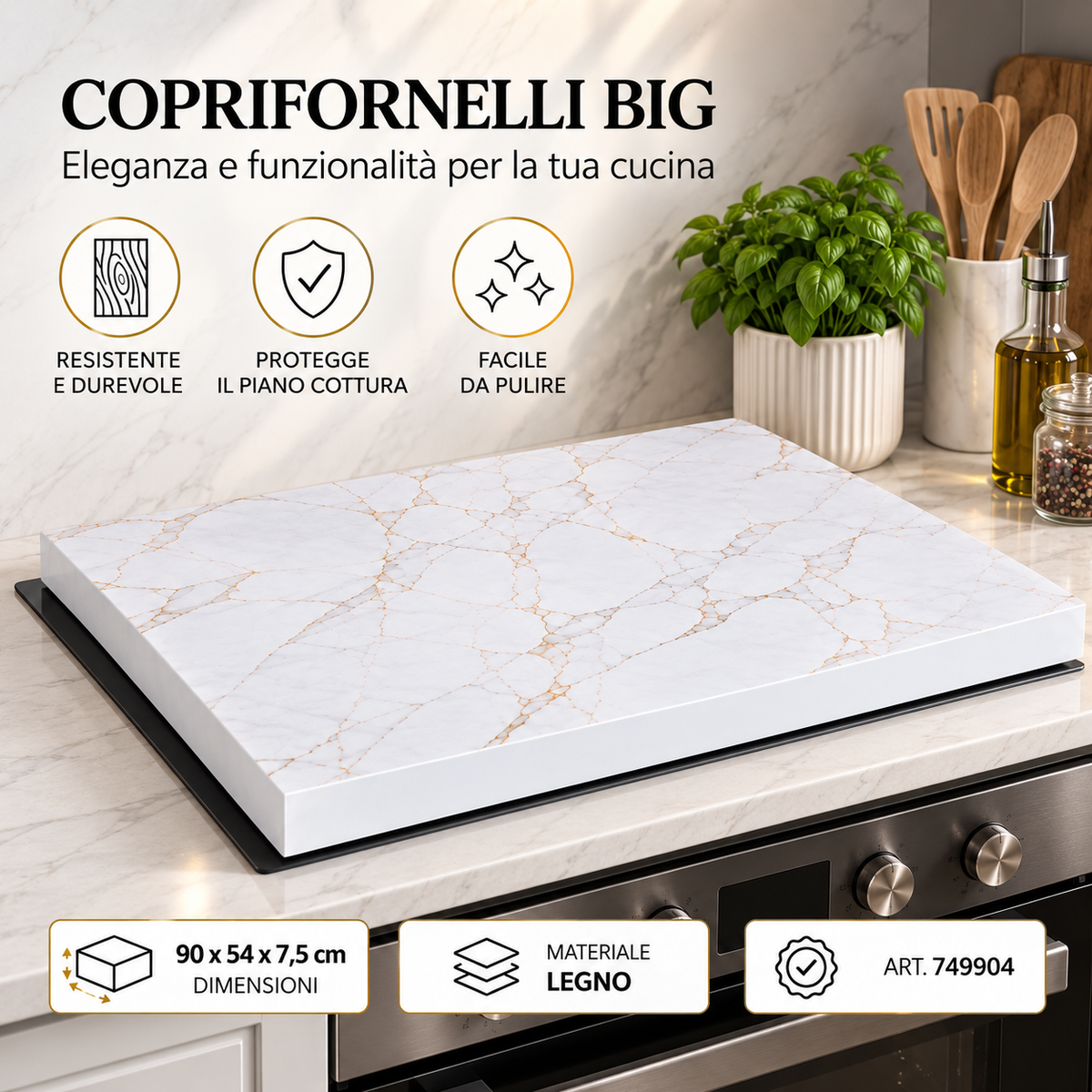 Coprifornello in Legno 90x54x7,5 cm Effetto Marmo – Copripiano Cottura Ultraresistente Impermeabile Antigraffio Piano d’Appoggio Cucina Oro o Silver