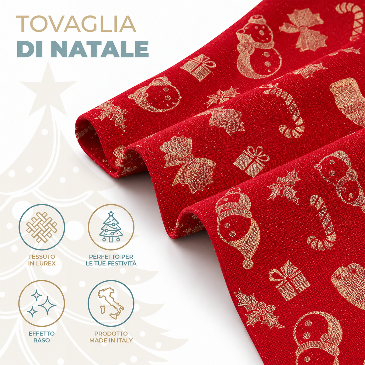 Tovaglia Natalizia in Raso Rosso Glitter Oro 140x450 cm 24 Posti Fantasia Natale con Pupazzi di Neve, Regali e Agrifoglio