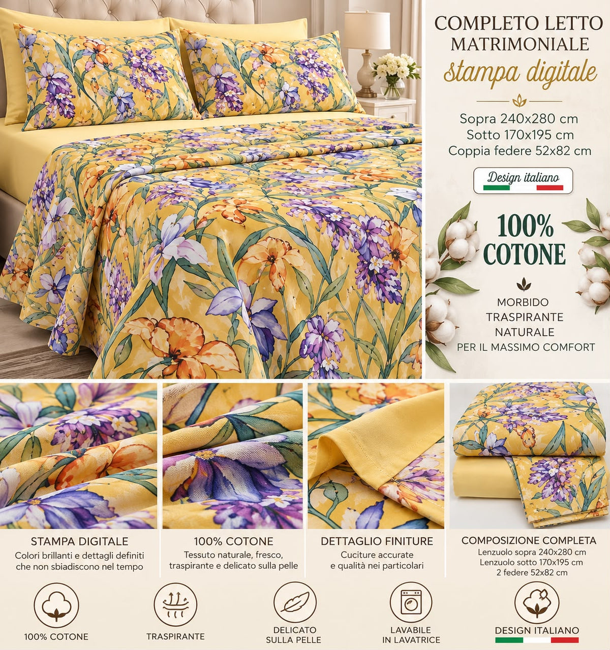 Completo Lenzuola Matrimoniale 100% Cotone Stampa Digitale Floreale Set 4 Pezzi con Federe Morbido e Traspirante