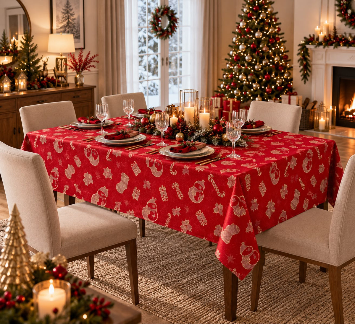 Tovaglia Natalizia in Raso Rosso Glitter Oro 140x450 cm 24 Posti Fantasia Natale con Pupazzi di Neve, Regali e Agrifoglio