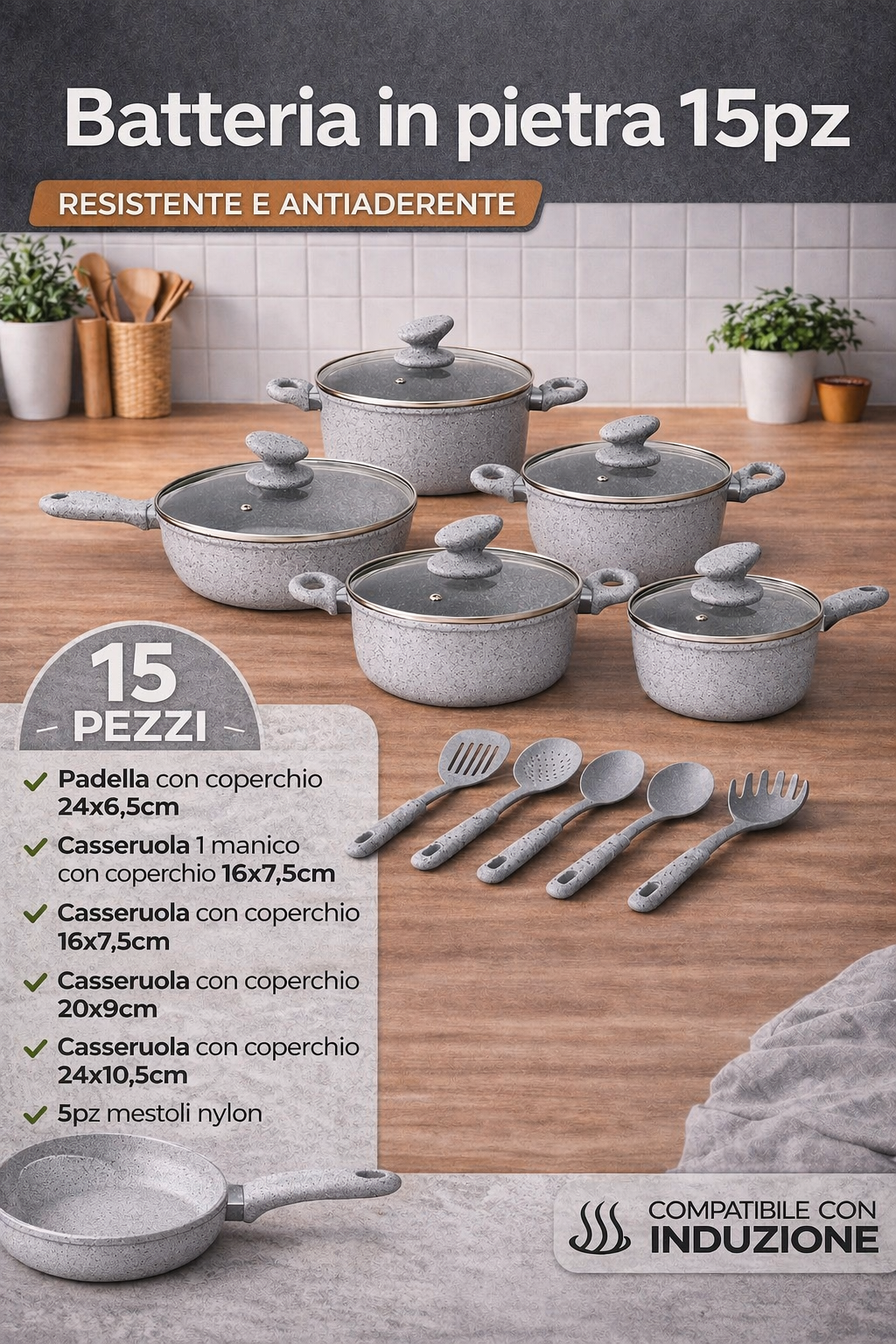 Batteria di Pentole in Pietra 15 Pezzi Antiaderente Induzione – Set Completo di Coperchi e Mestoli