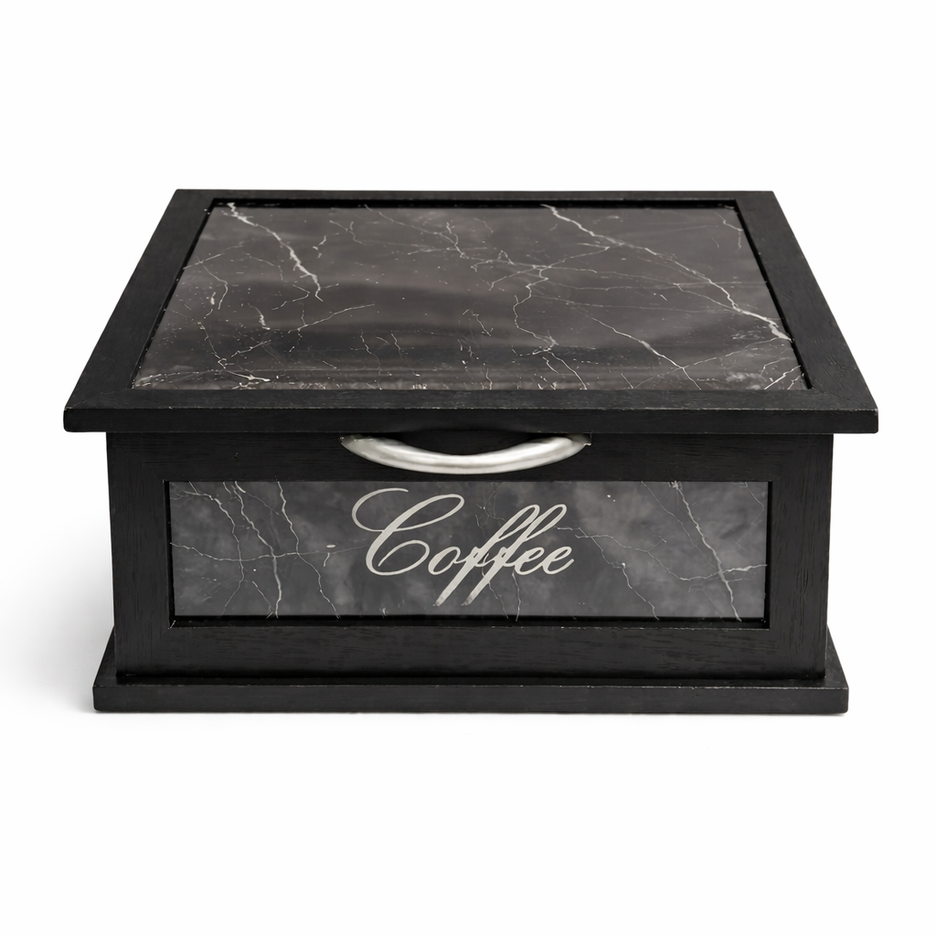 Porta Cialde e Capsule Caffè in Legno con Cassetto a 2 Scomparti – Organizer Shabby Chic con Scritta “COFFEE” – Vari Colori