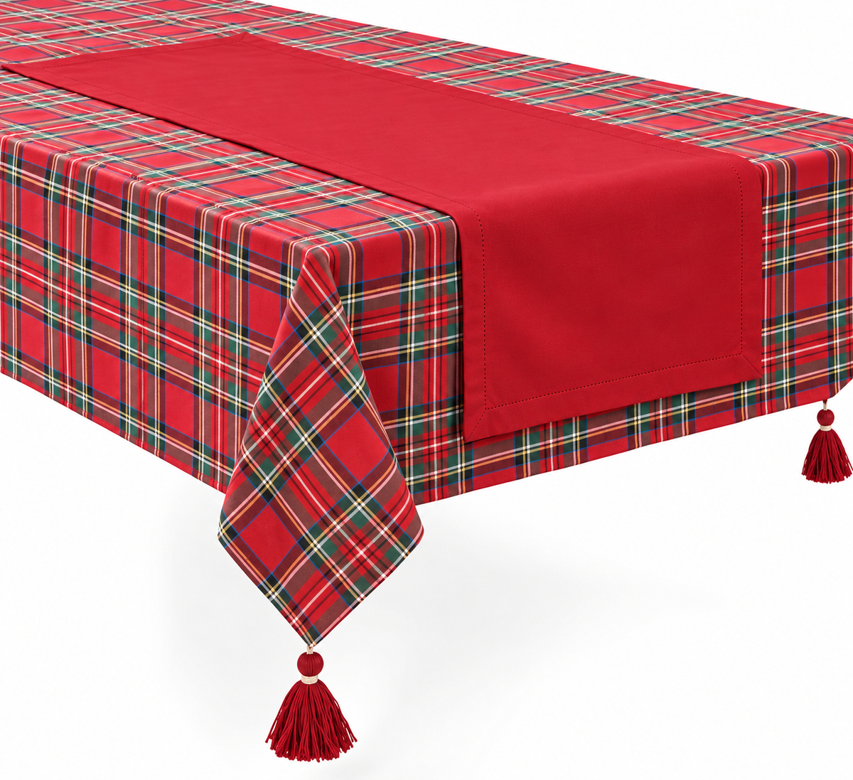 Tovaglia Natalizia 6 Posti 140x180 cm + Runner 40x90 cm  100% Cotone Bordo a Quadri con Filo Lurex Oro  Panna o Rosso