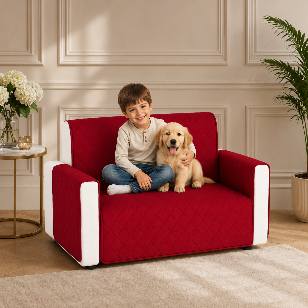 Copridivano 2 Posti Impermeabile con Braccioli Antiscivolo Double Face Trapuntato Lavabile Protezione Anti Macchia Anti Graffio Pet Friendly per Cani e Gatti
