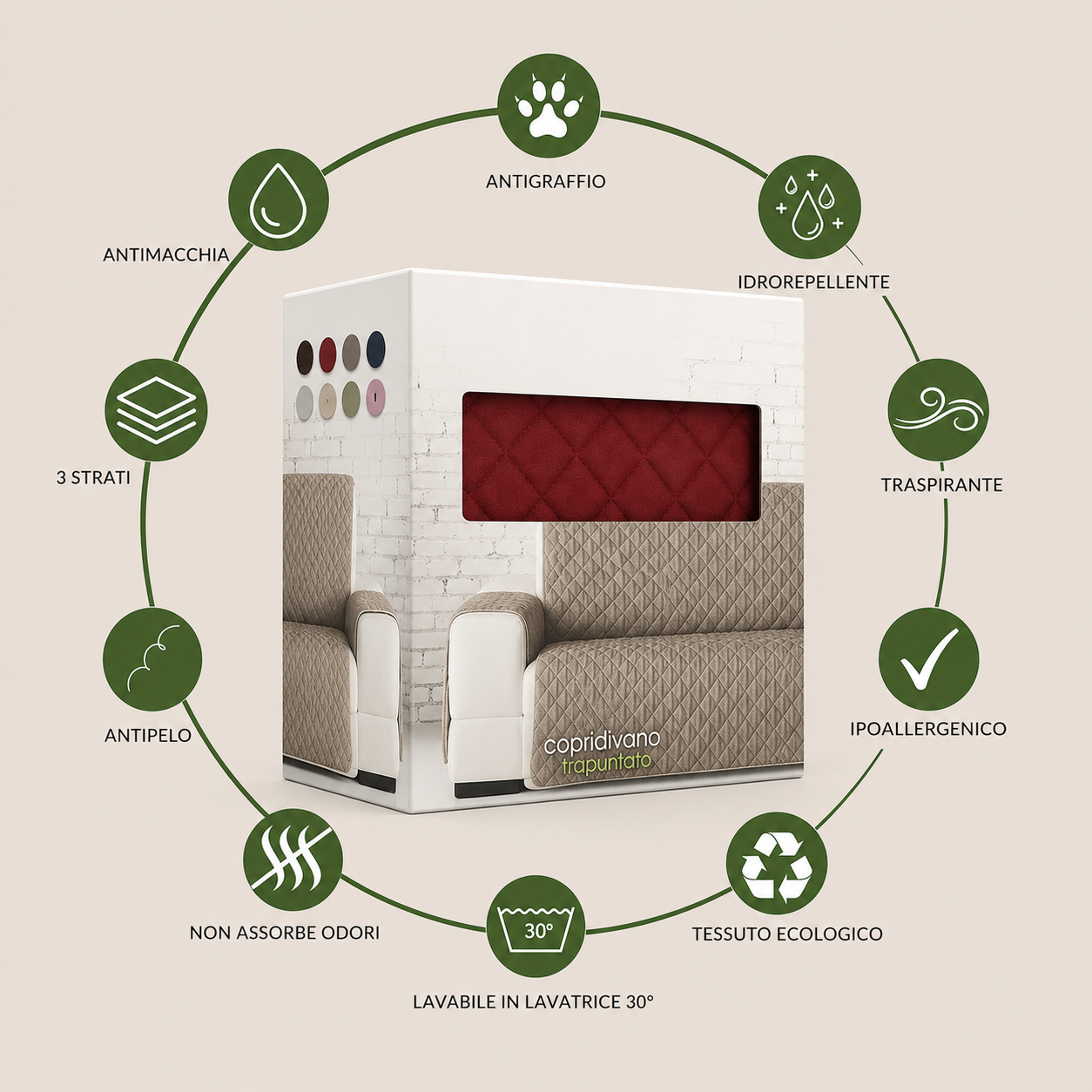 Copridivano 2 Posti Impermeabile con Braccioli Antiscivolo Double Face Trapuntato Lavabile Protezione Anti Macchia Anti Graffio Pet Friendly per Cani e Gatti